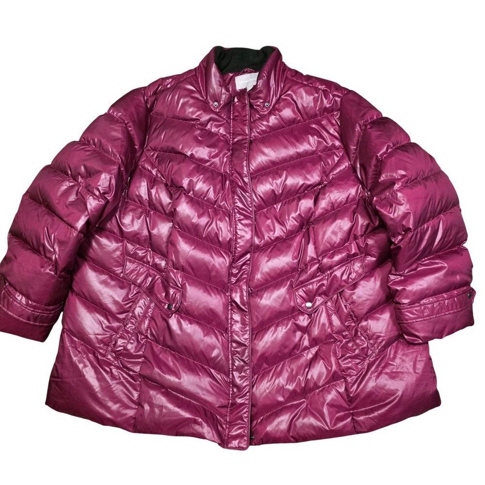 Woman Within Magenta Pink Down Puffer Jacket Plus Size 34W Metallic Chevron